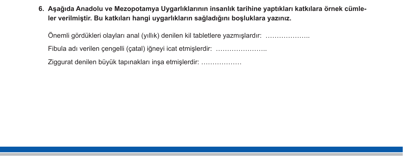 Sosyal Bilgiler sorusu 6 — Anadolu ve Mezopotamya Uygarlıkları (İlk Uygarlıklar ve Katkıları)