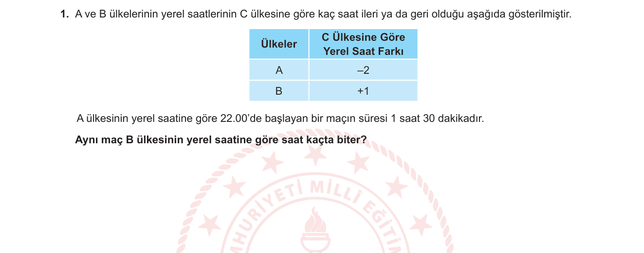 Matematik sorusu 10 — Tam sayılarla toplama ve çıkarma / Saat dilimi uygulaması