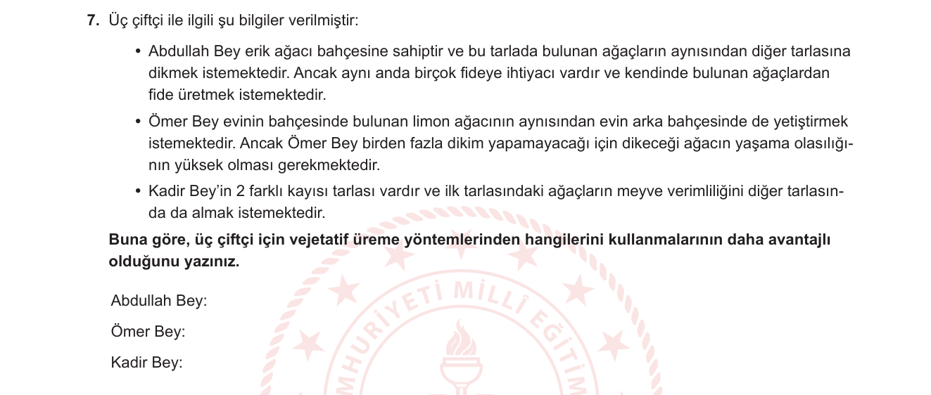 Biyoloji sorusu 7 — Vejetatif Üreme Yöntemleri (Çelik, Aşılama, Daldırma)