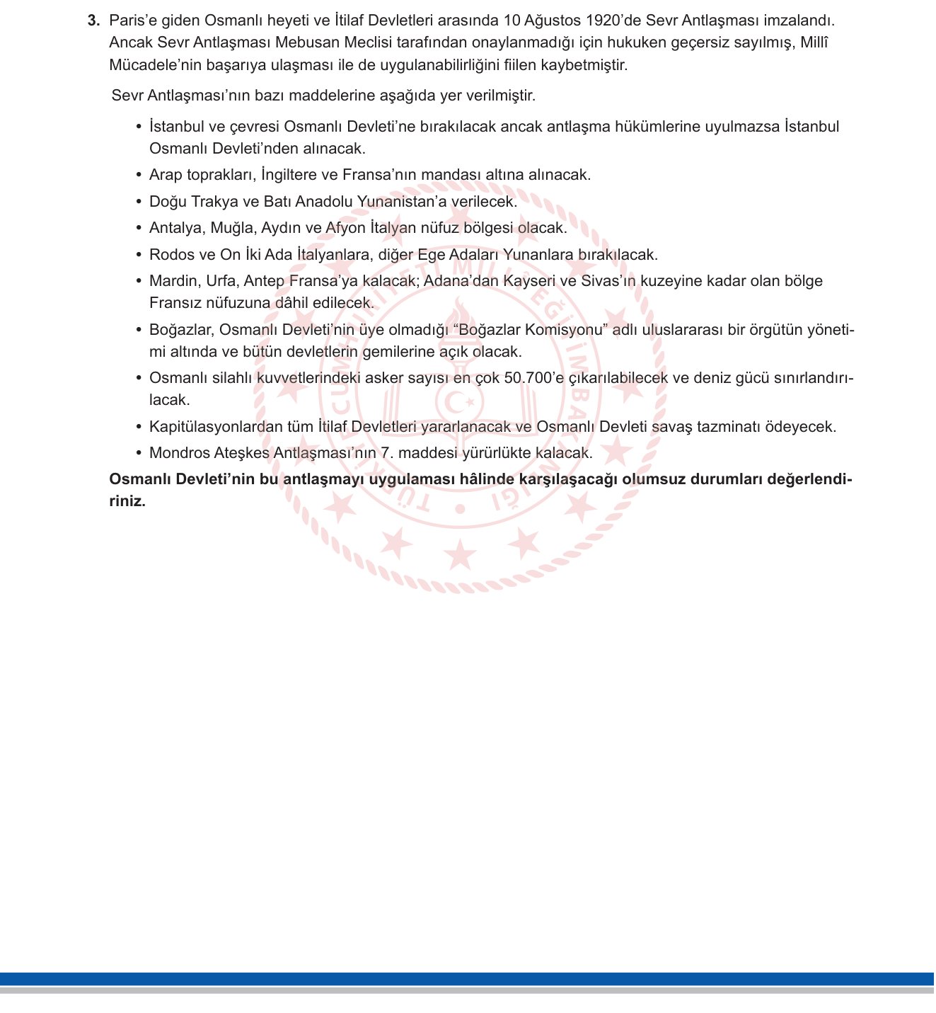 T.C. İnkılap Tarihi ve Atatürkçülük sorusu 3 — Sevr Antlaşması ve Osmanlı Devleti'nin paylaşılması (Millî Mücadele'ye giden süreç)