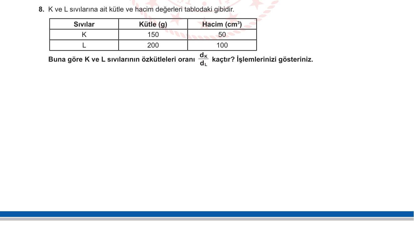 Fizik sorusu 21 — Madde ve Özellikleri — Özküttle Hesabı, Tablo Yorumu