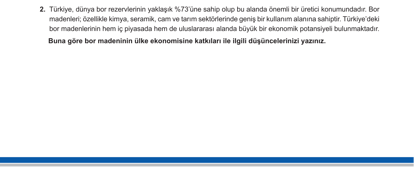 Sosyal Bilgiler sorusu 2 — Türkiye'nin doğal kaynakları ve ekonomiye katkısı; madenler (6. Sınıf Sosyal Bilgiler — Ülkemizin Kaynakları)