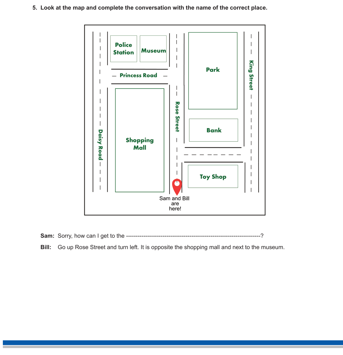 İngilizce sorusu 12 — Yön tarifi anlama ve haritada yer bulma (giving/following directions — opposite, next to, turn left/right)