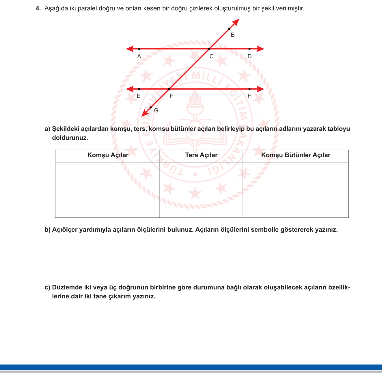 Matematik sorusu 4 — Doğrular — paralel doğruları kesen doğru, komşu/ters/komşu bütünler açılar