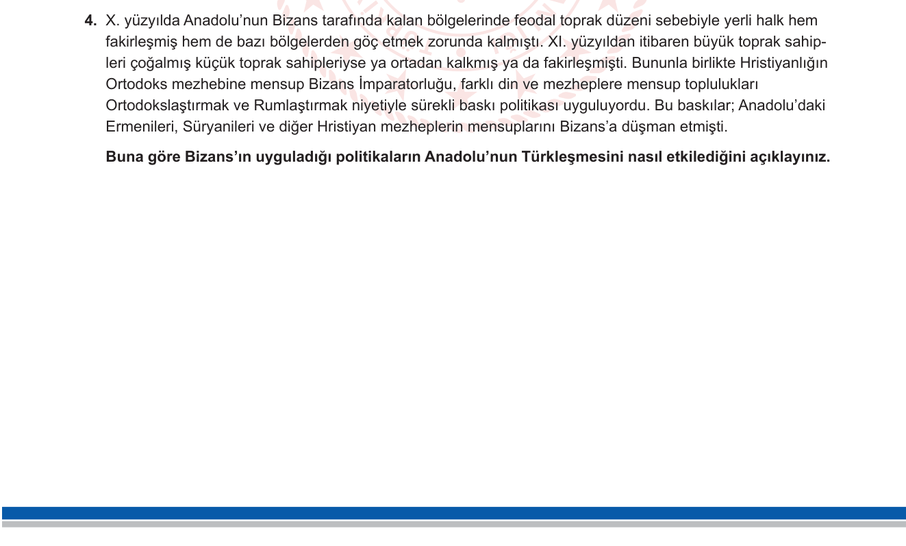 Tarih sorusu 7 — Türklerin Anadolu'ya yerleşmesi — Bizans'ın iç sorunları ve Türkleşme süreci