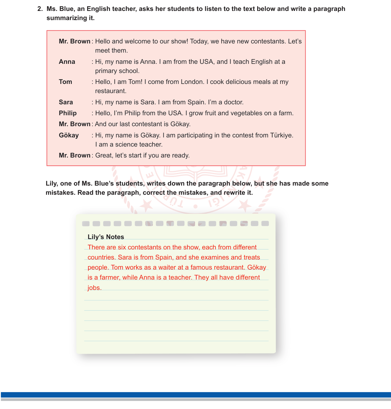 İngilizce sorusu 2 — Reading + Writing – Error Correction / Paragraph Rewriting (Hata düzeltme, diyalog-özet uyumu)