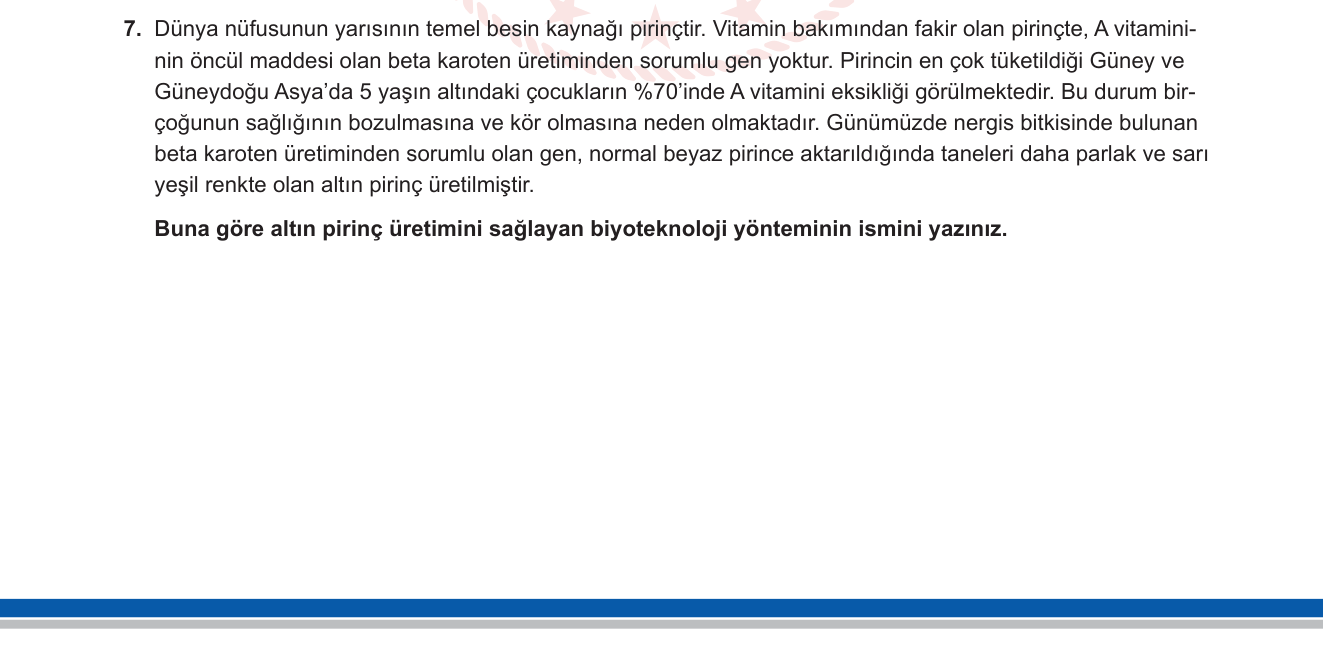 Biyoloji sorusu 7 — Biyoteknoloji — Genetik mühendisliği uygulamaları / Transgenik organizmalar