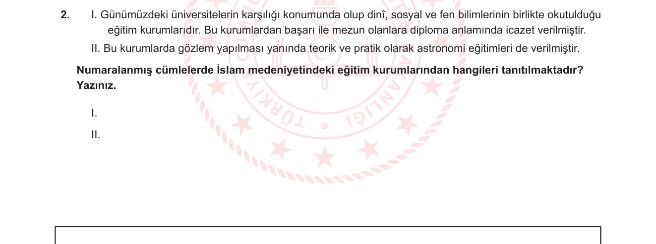 Din Kültürü ve Ahlak Bilgisi sorusu 10 — İslam Medeniyetinde Eğitim Kurumları — Medrese ve Rasathane