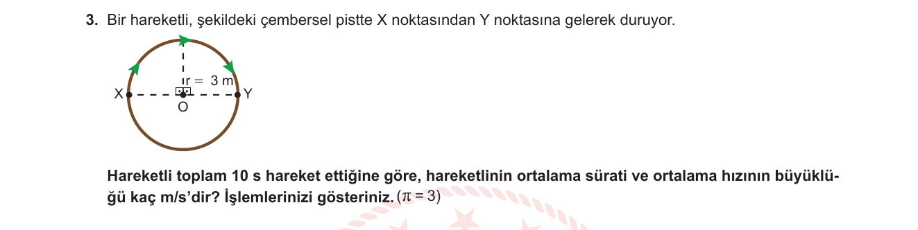 Fizik sorusu 13 — Hareket — dairesel yolda yol, yer değiştirme, ortalama sürat ve hız