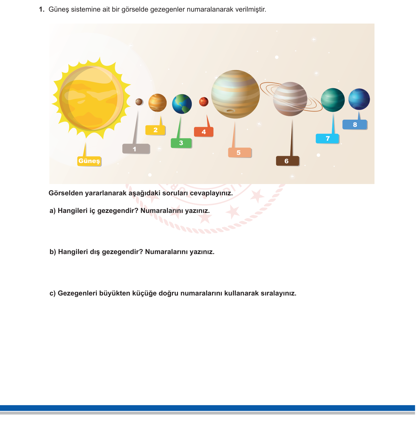 Fen Bilimleri sorusu 1 — Güneş Sistemi / İç ve Dış Gezegenler / Gezegen Özellikleri