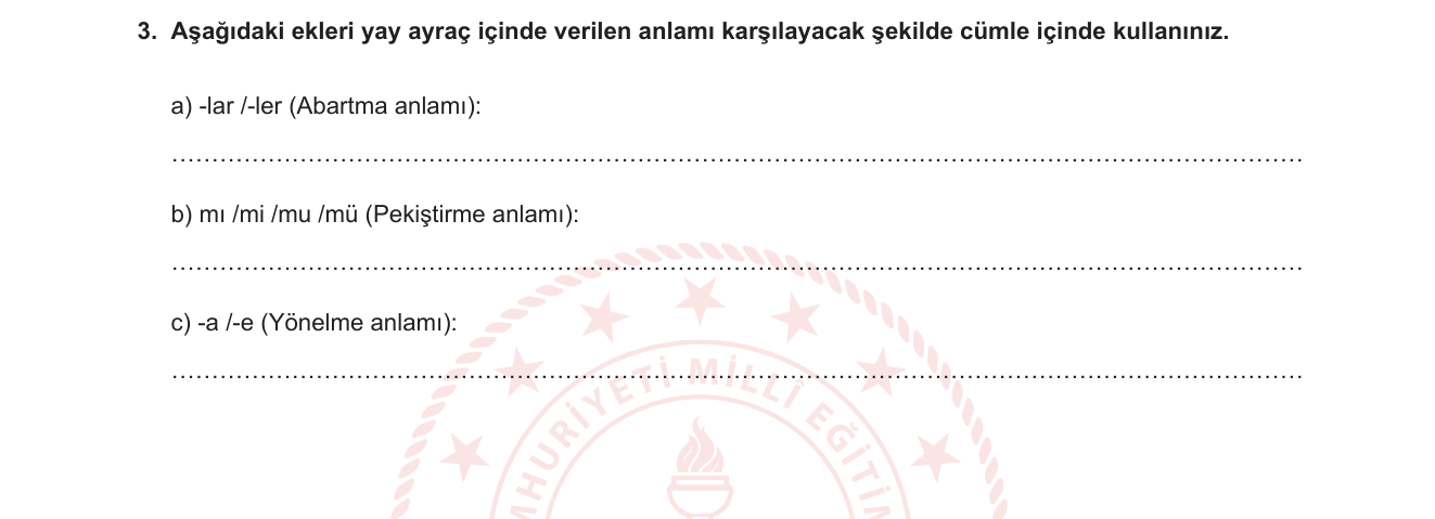Türkçe sorusu 16 — Eklerin anlam görevleri (çekim ekleri / dil bilgisi)