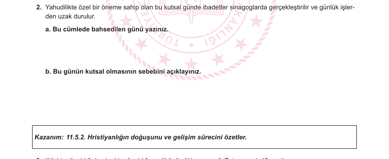 Din Kültürü ve Ahlak Bilgisi sorusu 2 — Yahudilik — İbadet ve Kutsal Günler (MEB 11. Sınıf Din Kültürü ve Ahlak Bilgisi)